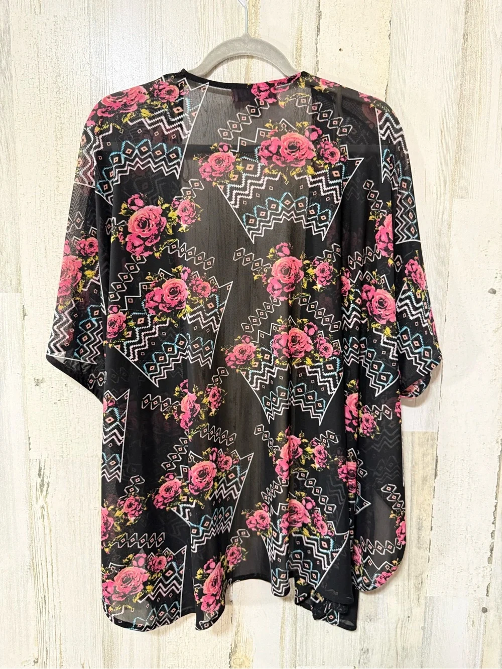 Floral Sheer Kimono Oversized Coverup in Black with Pink Roses
